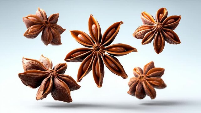 Floating star anise pods in dynamic arrangement showcasing intricate textures and rich colors, emphasizing natural beauty and unique shapes in a visually captivating display of spices