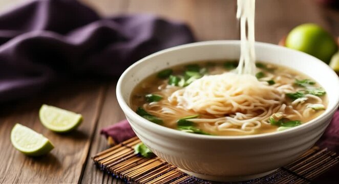 Steaming bowl of delicious noodle soup with fresh lime and herbs