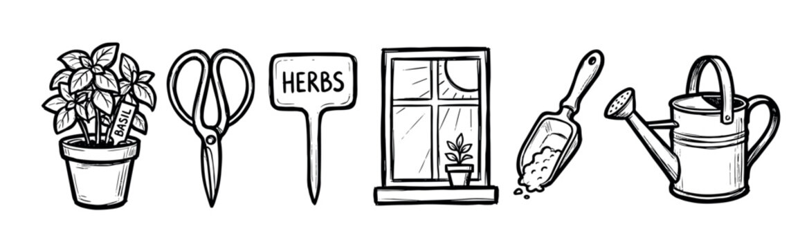 Hand-drawn set of herb gardening icons including a potted basil plant, scissors, plant marker, window, trowel, and watering can in a black and white doodle sketch style