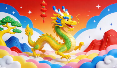 3D Rendered Festive Chinese Dragon Illustration for Year of the Dragon Celebration, Featuring Golden Dragon, Red Lantern, Pine Branch and Vibrant Clouds, Ideal for Holiday and Cultural Themes