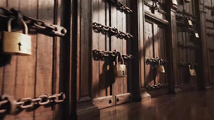 Wooden doors with chains and padlocks in a dark room