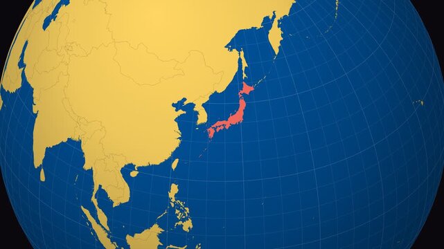 Japan on Globe. Animated zoom into the country in Ocean Blue Golden Yellow color palette. Japan logo animation. Map with meridians, parallels. Authentic video.