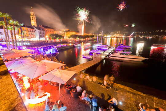 Firework celebration at night during Swiss National Day in Ascona