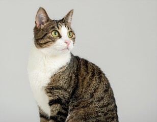 A high-quality, ultra-detailed close-up photo of a cute domestic cat sitting gracefully on a clean white background. The image captures the cat's fluffy fur, expressive green eyes, soft pink nose