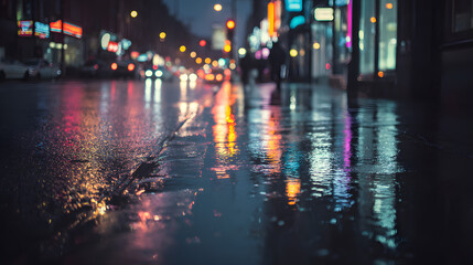 Obraz premium Rain-soaked urban street at night with colorful reflections from city lights, representing nightlife, city atmosphere, and evening urban aesthetics
