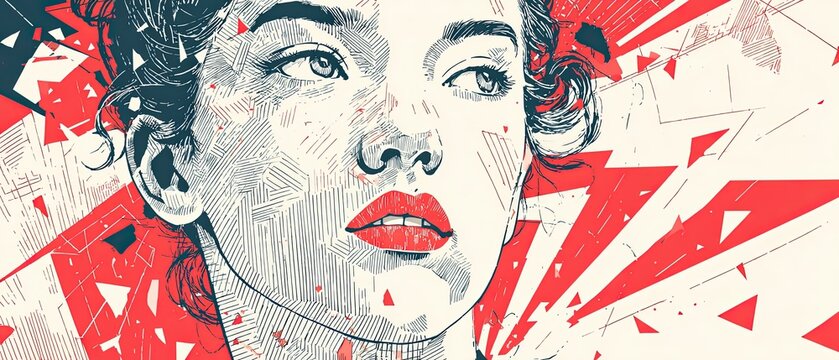 Woman with red lips and curly hair, abstract geometric background, graphic art style Concept of beauty, fashion, and modern design