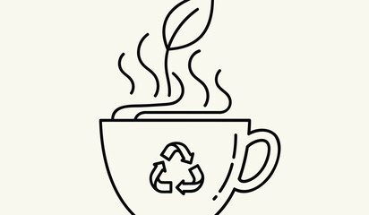 Eco friendly coffee cup with recycling symbol and steam rising on white background