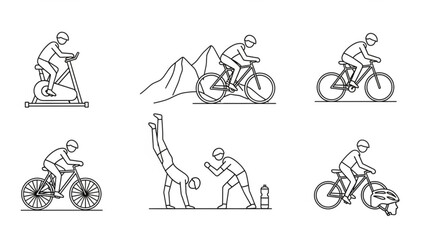 Black line art illustrations of people exercising with bicycles and doing yoga