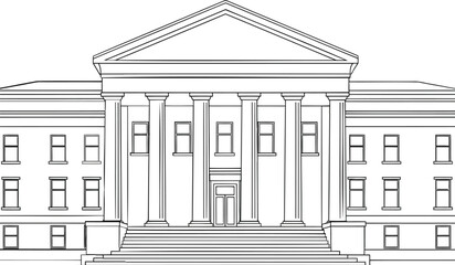 Large neoclassical building with columns and triangular pediment on white background