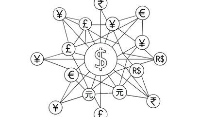 Global currency exchange network with dollar symbol connections