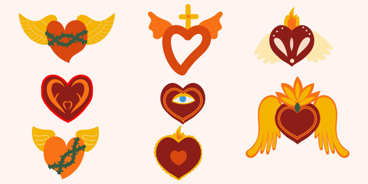 Sacred mexican heart, luxury corazon, graphic flat vector signs, valentine retro design