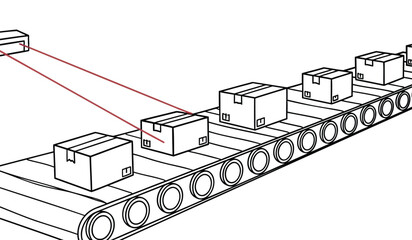 Industrial conveyor belt with boxes and red laser beam factory automation concept