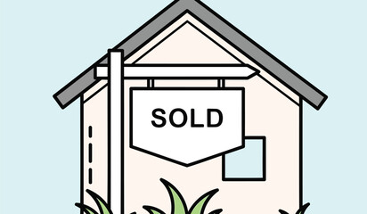 Sold house sign on a beige property with gray roof and green grass