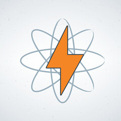 An orange lightning bolt surrounded by a gray atomic symbol