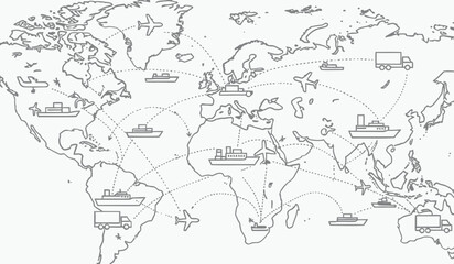 World map with transportation icons and landmarks for travel and geography education