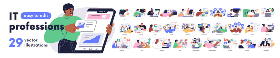 Information technology business set. IT specialists work on internet. Software development, 3d and web design, programming, marketing. Flat graphic vector illustrations isolated on white background