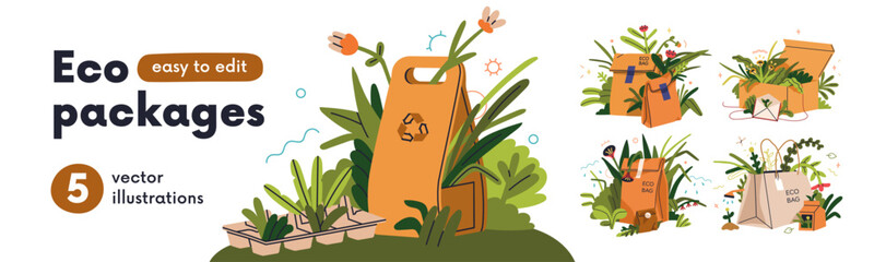 Eco-friendly packages set. Recycled biodegradable packs, organic paper bag, reusable kraft box. Ecologic sustainable wrap. Zero-waste shopping. Flat vector illustrations isolated on white background