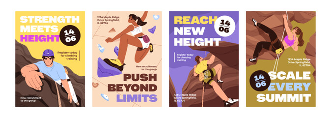 Set of advertising posters for sport gym with climbing wall. Promotion designs of bouldering with climbers on layouts. Templates with alpinists training on rock, mountain. Flat vector illustrations