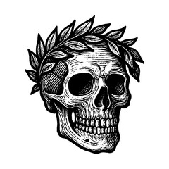 Obraz premium Intricate skull with laurel wreath illustration on white background.