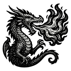 Fototapeta premium Fierce fire-breathing dragon breathing flames in black and white art.