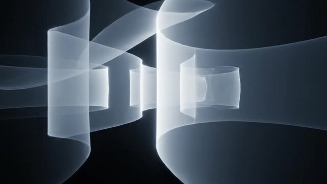 Glowing transparent tubes twist in dark space with rectangular cutouts visible