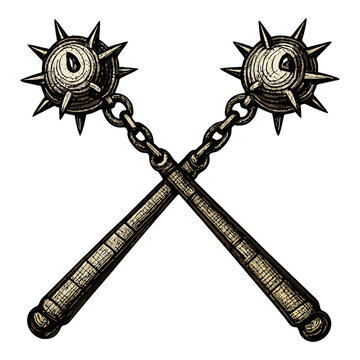 Crossed medieval spiked maces on chains with wooden handles.