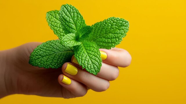 Hand holding fresh green mint leaves with vibrant yellow background showcasing the texture and detail of the leaves in a visually appealing composition emphasizing natural elements and colors