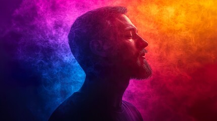 Mystical shadow of a man against a cosmic background surreal art digital illustration vibrant colors profile view human existence 