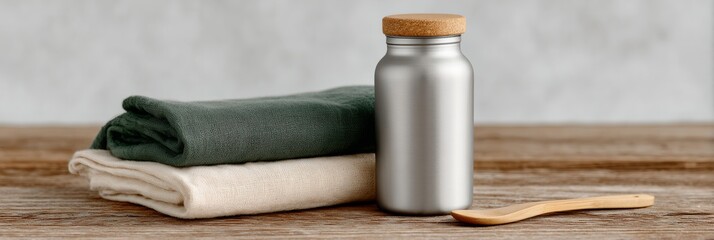 Silver bottle of lotion sits on a wooden table next to a green towel