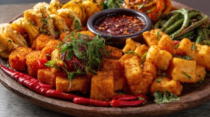 Fototapeta premium Assorted fried appetizers with dipping sauce on a wooden platter. Variety of Asian cuisine tapas for sharing. Restaurant menu.