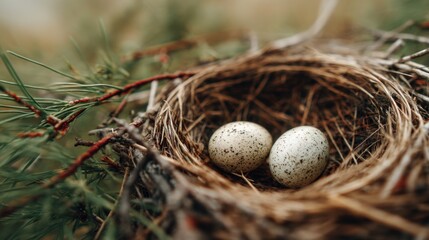 Two speckled bird eggs nestled in a natural bird nest. Symbol of new life, fragile beginnings, wildlife, Easter holiday.