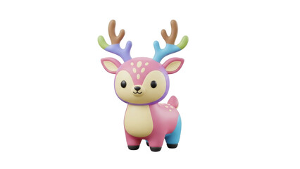 Obraz premium Colorful illustration of a cartoon deer with vibrant antlers and pastel body standing alone in a minimalist environment from a front viewpoint.