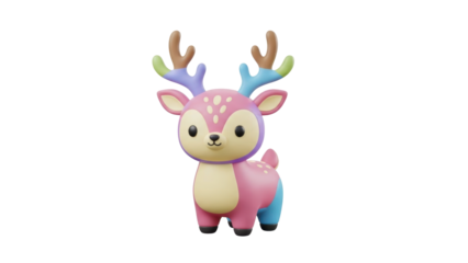 Colorful illustration of a cartoon deer with vibrant antlers and pastel body standing alone in a minimalist environment from a front viewpoint.