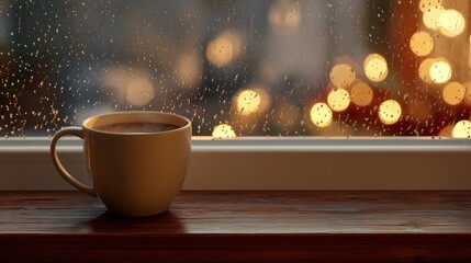 Hot coffee mug on wooden window sill on a rainy day. Cozy autumn home atmosphere for relaxation and comfort.