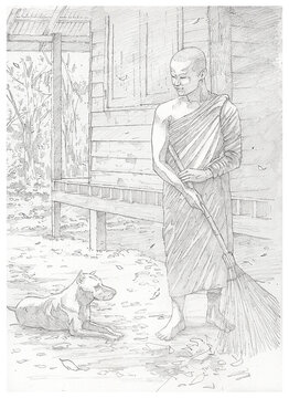 Hand-drawn pencil sketch of a Buddhist monk sweeping leaves in temple yard with a dog.