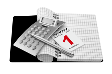Book with calculator and calendar January 1  2026 New Year isolated on transparent background PNG cut out