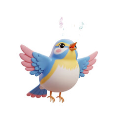 Obraz premium A vibrant blue and yellow bird with outstretched wings singing melodiously in a serene environment from a front viewpoint.