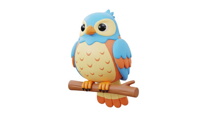 A vibrant blue owl perched on a wooden branch, viewed from the front with a clean white background
