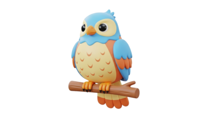 A vibrant blue owl perched on a wooden branch, viewed from the front with a clean white background
