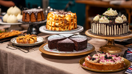 Assorted desserts displayed on a table, featuring cakes, pastries, and sweets, showcasing a variety of textures and colors, perfect for culinary inspiration and celebration