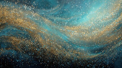 Glittering gold and teal particles swirling, creating a dynamic, vibrant abstract background. Festive decoration art for celebration, magic, and luxury design.