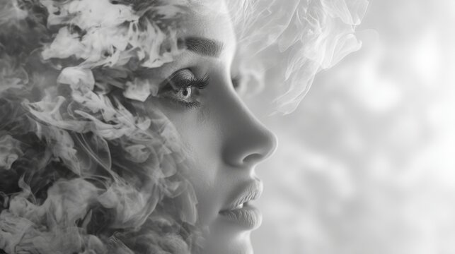Woman face with smoke in double exposure. Portrait of female for beauty or health concept. Creative photography of girl with fog.