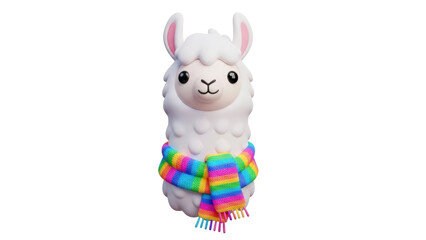 Obraz premium A cute cartoon llama wearing a rainbow blanket stands smiling directly facing the viewer