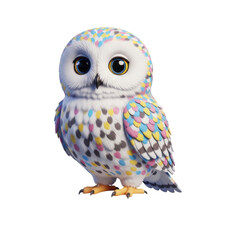 Fototapeta premium A vibrant owl with colorful spots stands on a branch, showcasing its striking features and playful nature in a whimsical illustration.