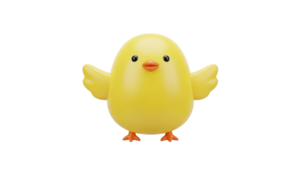 Adorable 3D rendered yellow chick with orange feet standing on a transparent background from a front viewpoint