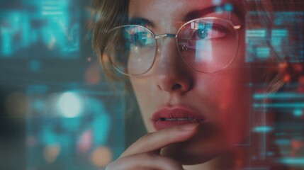 Woman in glasses looking at data interface. Female professional analyzing futuristic digital screen. Technology and innovation concept for business strategy.