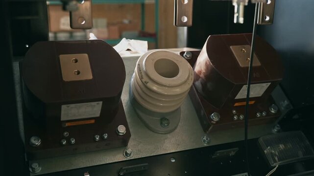 Electrical insulators and copper busbars inside switchgear cabinet