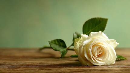  Funeral arrangement with a single elegant white rose resting on a wooden surface, soft green background creating a serene and peaceful atmosphere for remembrance and reflection