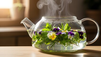 Hot Steaming Herbal Tea in a Transparent Glass Teapot with Fresh Green Mint and Edible Purple Flowers