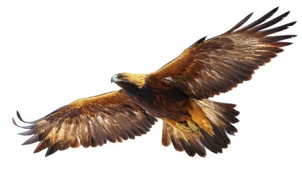 Obraz premium Golden eagle soaring with wings spread wide, a majestic bird of prey in flight. Symbol of freedom and power, a wildlife illustration.